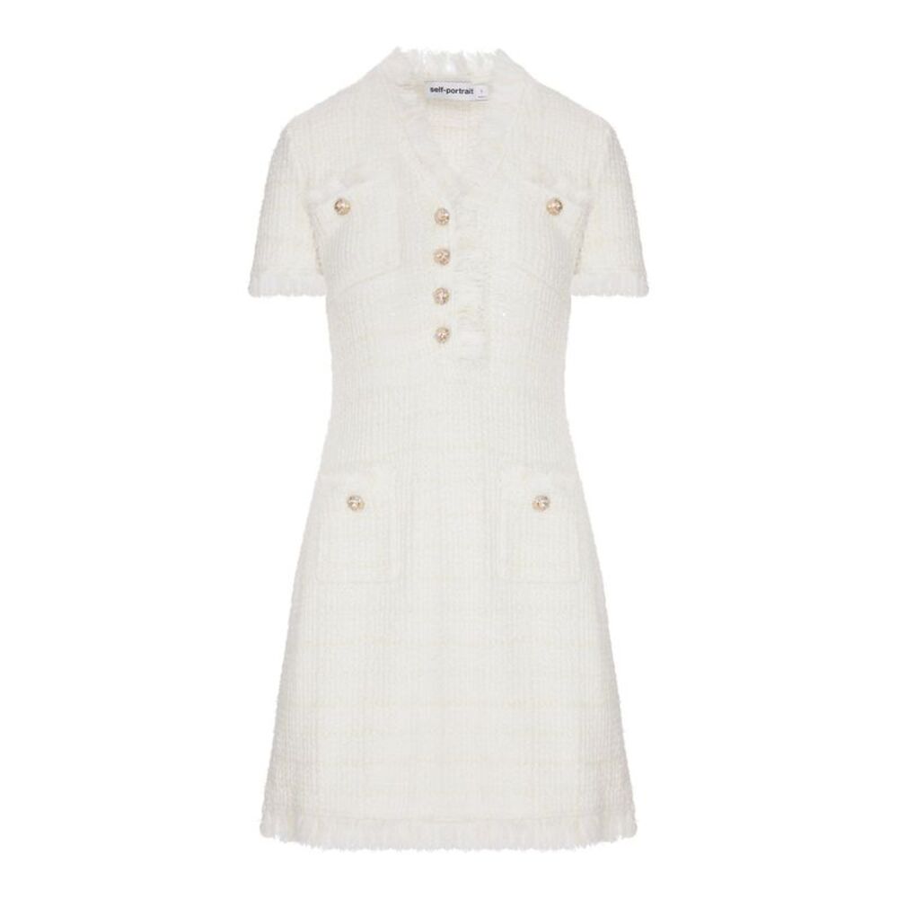Self-Portrait Women Short Tweed Dress With Jewel Buttons And Fringed Edges